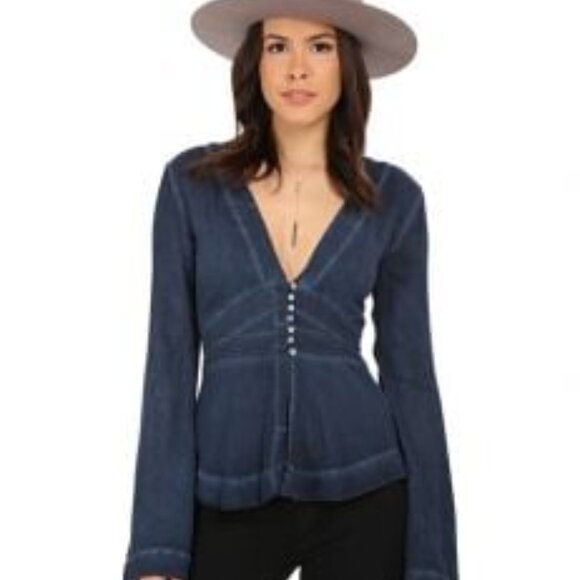 Free People Blouse Bell Sleeve Deep V Size Large Boho - Picture 1 of 9